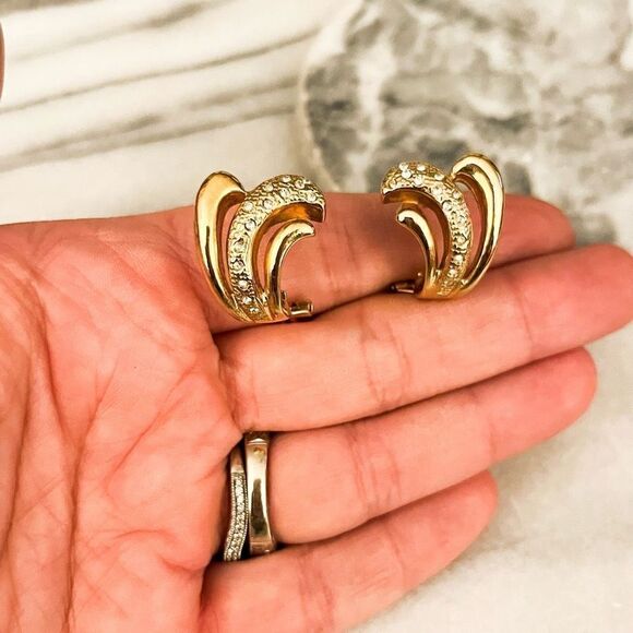 Vintage Crystal Accent English Lock Earrings Gold Toned Metal Unsigned - Picture 1 of 6